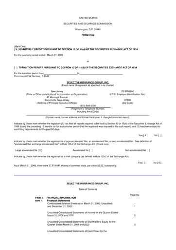 Thumbnail Selective Insurance 10-Q Quarterly Report FY 