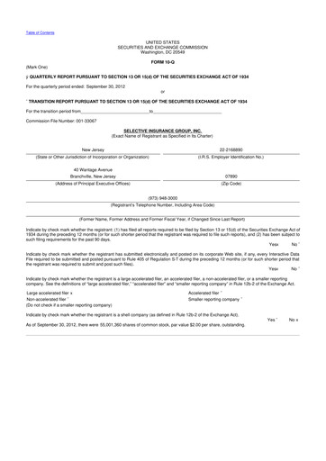 Thumbnail Selective Insurance 10-Q Quarterly Report FY2012 