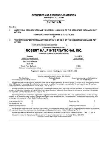 Miniature Robert Half 10-Q Rapport trimestriel 2019 