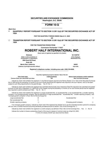 Miniature Robert Half 10-Q Rapport trimestriel 2020 