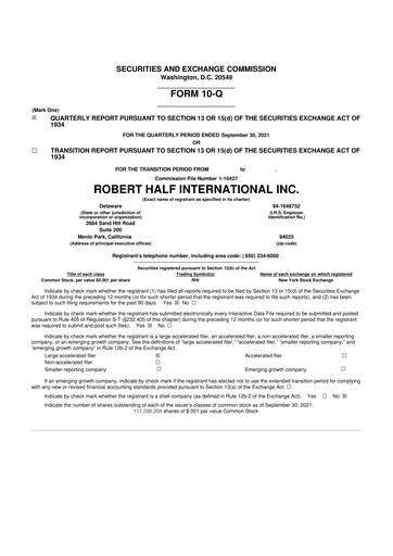 Miniature Robert Half 10-Q Rapport trimestriel 2021 