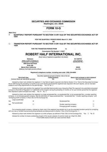 Miniature Robert Half 10-Q Rapport trimestriel 2022 