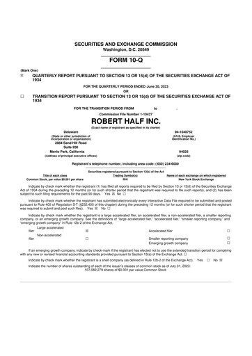 Miniature Robert Half 10-Q Rapport trimestriel 2023 