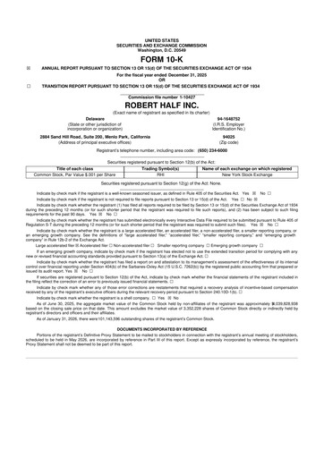 Miniature Robert Half 10-K Rapport annuel 2025