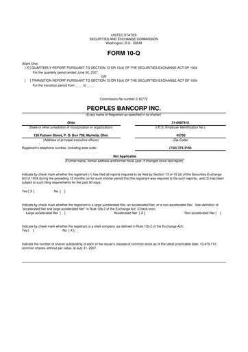 Thumbnail Peoples Bancorp 10-Q Quarterly Report FY 
