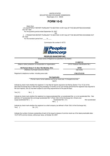 Thumbnail Peoples Bancorp 10-Q Quarterly Report FY 