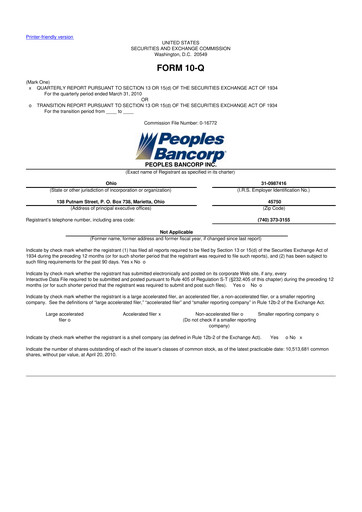 Thumbnail Peoples Bancorp 10-Q Quarterly Report FY 