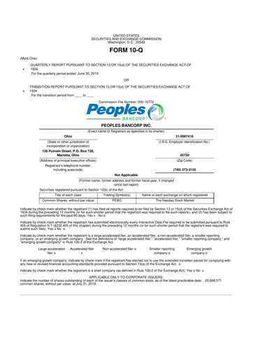 Thumbnail Peoples Bancorp 10-Q Quarterly Report FY 