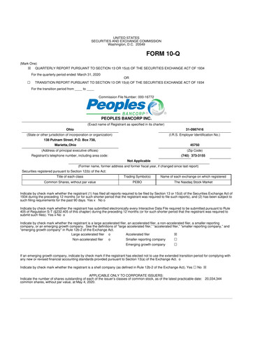 Thumbnail Peoples Bancorp 10-Q Quarterly Report FY 