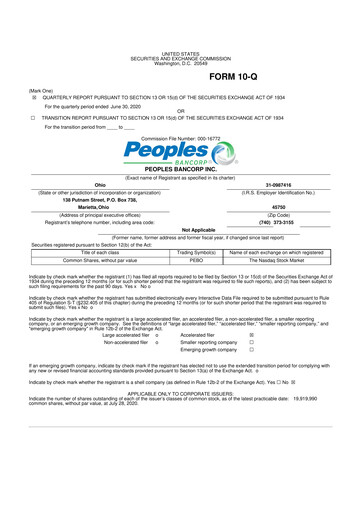 Thumbnail Peoples Bancorp 10-Q Quarterly Report FY2020 