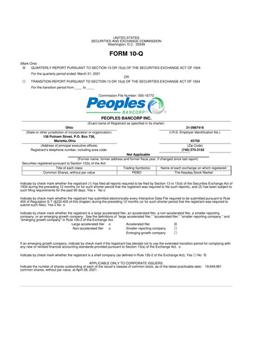 Thumbnail Peoples Bancorp 10-Q Quarterly Report FY 