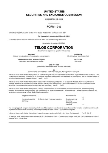Thumbnail Telos 10-Q Quarterly Report FY2018 