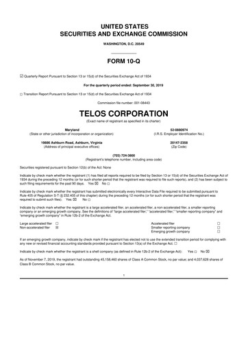 Thumbnail Telos 10-Q Quarterly Report FY2019 