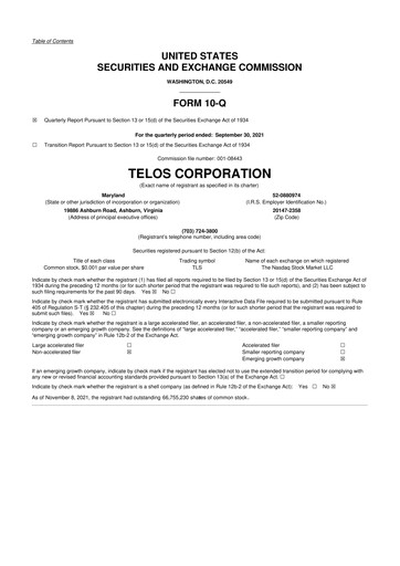 Thumbnail Telos 10-Q Quarterly Report FY2021 