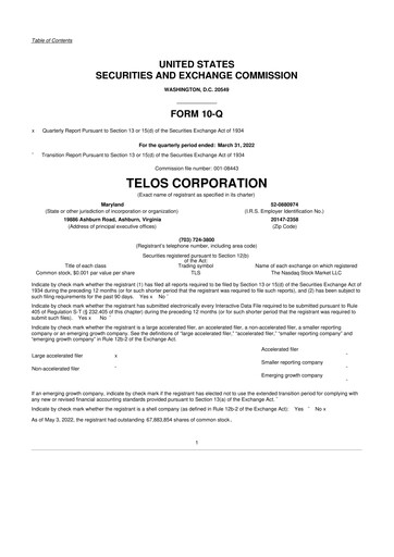 Thumbnail Telos 10-Q Quarterly Report FY2022 