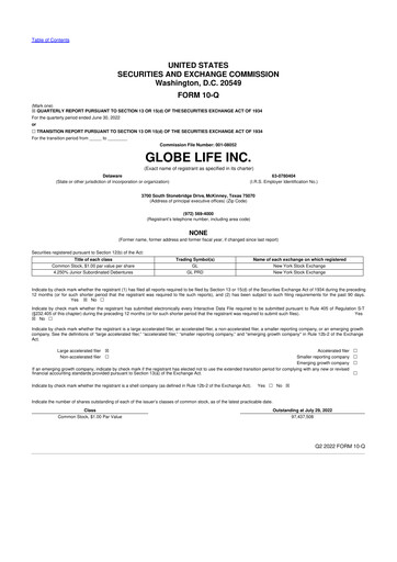 Thumbnail Globe Life
 10-Q Quarterly Report FY2022 