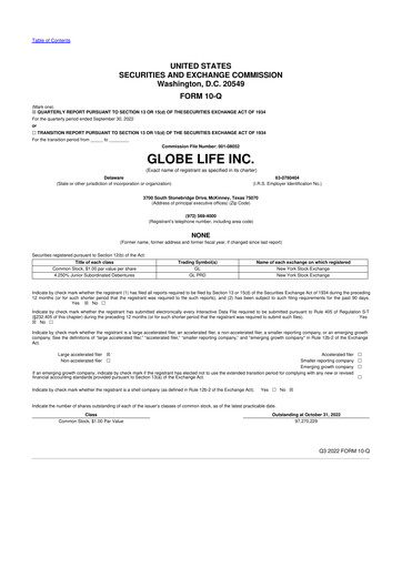 Thumbnail Globe Life
 10-Q Quarterly Report FY2022 