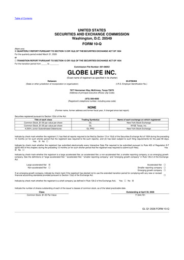 Thumbnail Globe Life
 10-Q Quarterly Report FY 