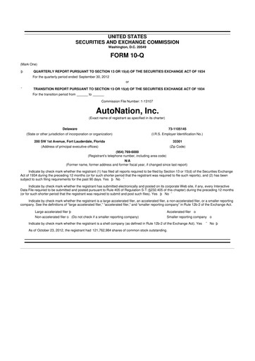 Miniature AutoNation 10-Q Rapport trimestriel 2012 