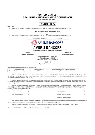 Thumbnail Ameris Bancorp
 10-Q Quarterly Report FY2022 