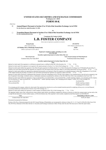 Miniature L.B. Foster 10-K Rapport annuel 2018