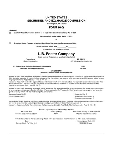 Thumbnail L.B. Foster 10-Q Quarterly Report FY2019 