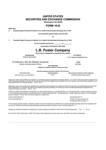 Thumbnail L.B. Foster 10-Q Quarterly Report FY2019 