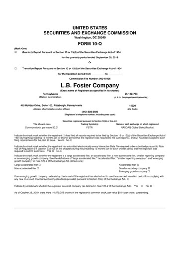 Thumbnail L.B. Foster 10-Q Quarterly Report FY2019 