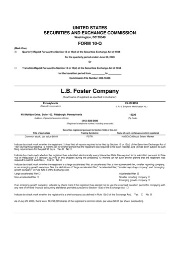 Thumbnail L.B. Foster 10-Q Quarterly Report FY2020 