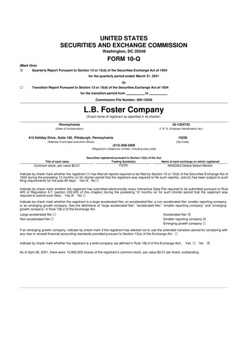 Thumbnail L.B. Foster 10-Q Quarterly Report FY2021 
