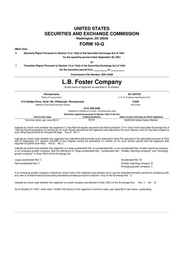 Thumbnail L.B. Foster 10-Q Quarterly Report FY2021 