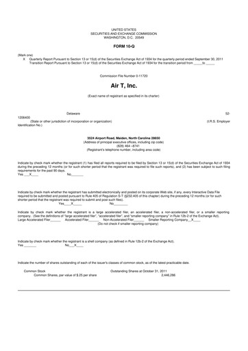Thumbnail Air T, Inc. 10-Q Quarterly Report FY2012 
