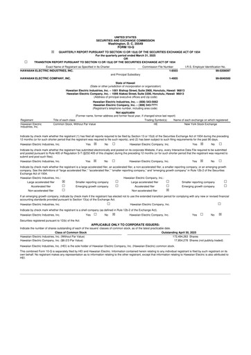 Thumbnail Hawaiian Electric Industries 10-Q Quarterly Report FY 