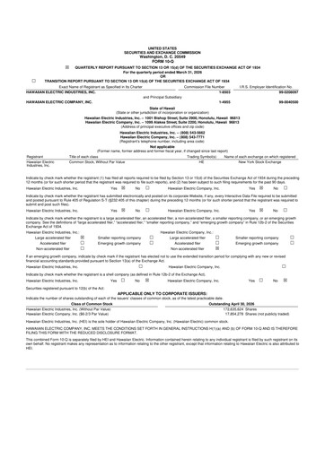 Thumbnail Hawaiian Electric Industries 10-Q Quarterly Report FY 