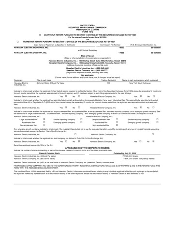 Thumbnail Hawaiian Electric Industries 10-Q Quarterly Report FY 