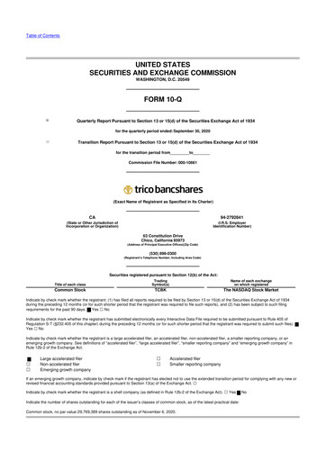 Vorschaubild TriCo Bancshares 10-Q Quartalsbericht 2020 