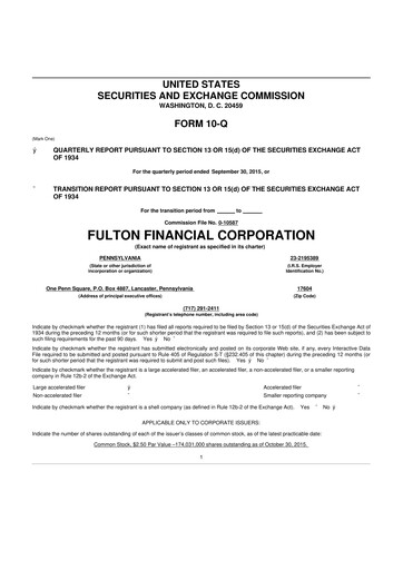 Thumbnail Fulton Financial 10-Q Quarterly Report FY2015 