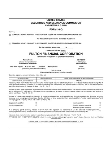 Thumbnail Fulton Financial 10-Q Quarterly Report FY2019 
