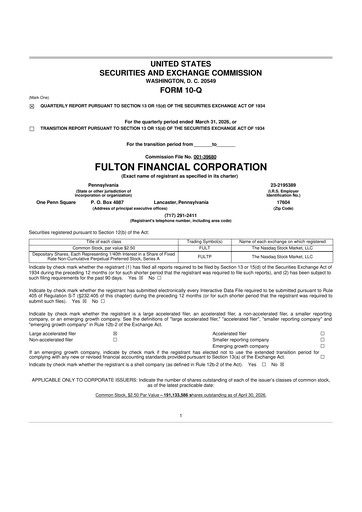 Thumbnail Fulton Financial 10-Q Quarterly Report FY 