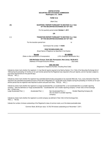 Thumbnail RCM Technologies 10-Q Quarterly Report FY2011 