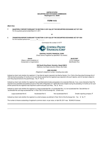 Thumbnail Central Pacific Financial 10-Q Quarterly Report FY 