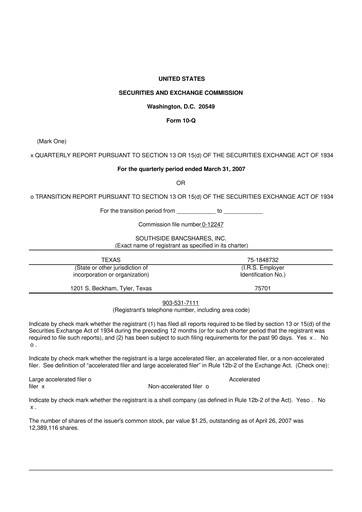Miniature Southside Bancshares 10-Q Rapport trimestriel  