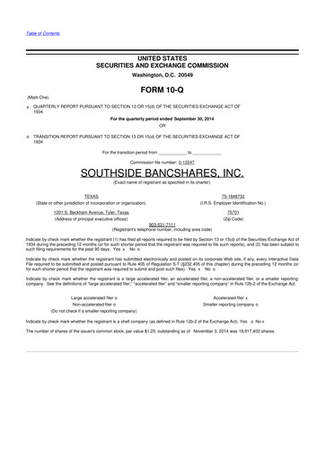 Miniature Southside Bancshares 10-Q Rapport trimestriel 2014 
