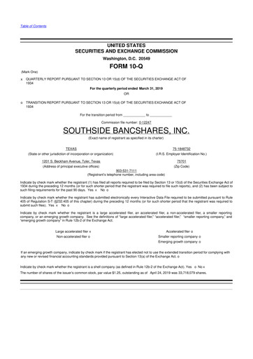 Miniature Southside Bancshares 10-Q Rapport trimestriel 2019 