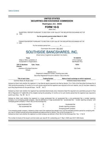 Miniature Southside Bancshares 10-Q Rapport trimestriel 2020 