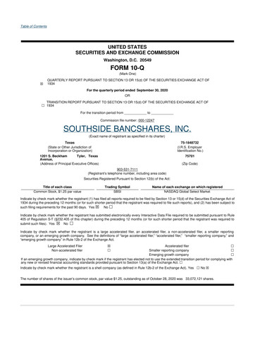 Miniature Southside Bancshares 10-Q Rapport trimestriel 2020 