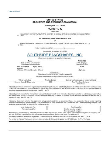 Thumbnail Southside Bancshares 10-Q Quarterly Report FY 