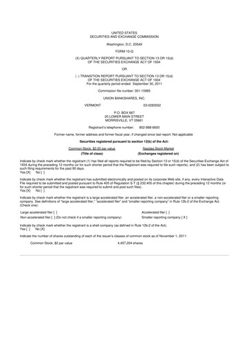 Thumbnail Union Bankshares 10-Q Quarterly Report FY2011 