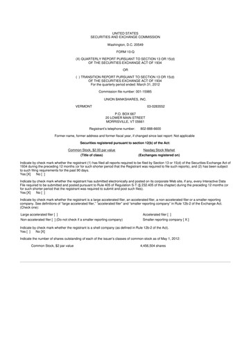 Thumbnail Union Bankshares 10-Q Quarterly Report FY2012 