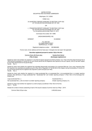 Thumbnail Union Bankshares 10-Q Quarterly Report FY2014 